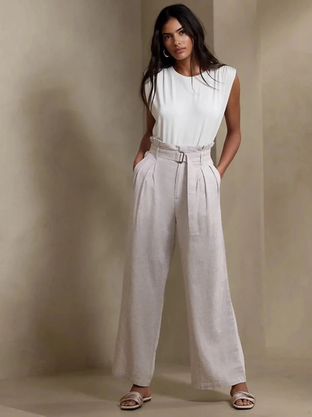 Banana Republic Linen Paperbag Wide Leg Trouser Petite 10 Natural — No Belt